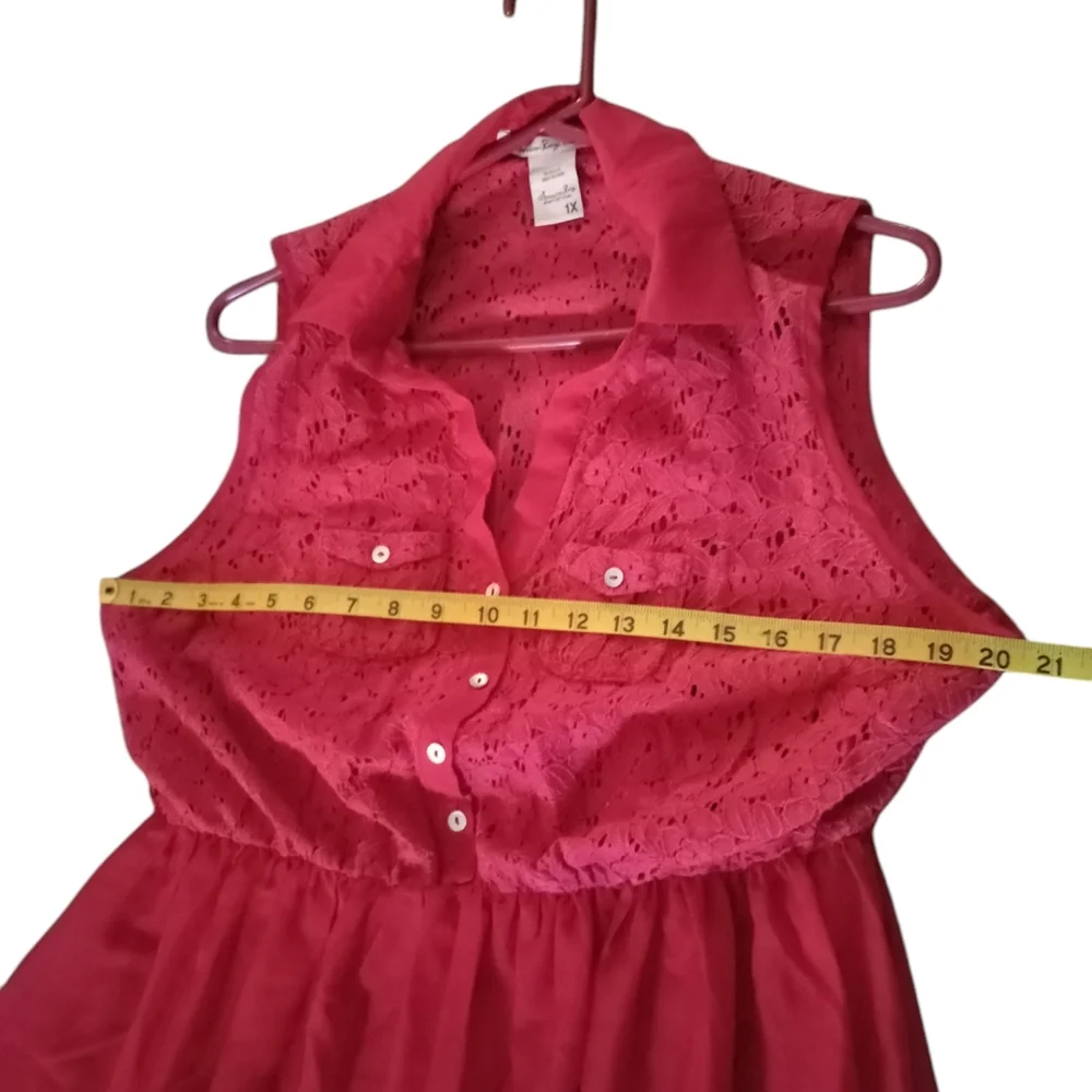 American Rag Red Eyelet Mix Fabric Shirt Dress Country Cottagecore Cowgirl 1X - Picture 10 of 12